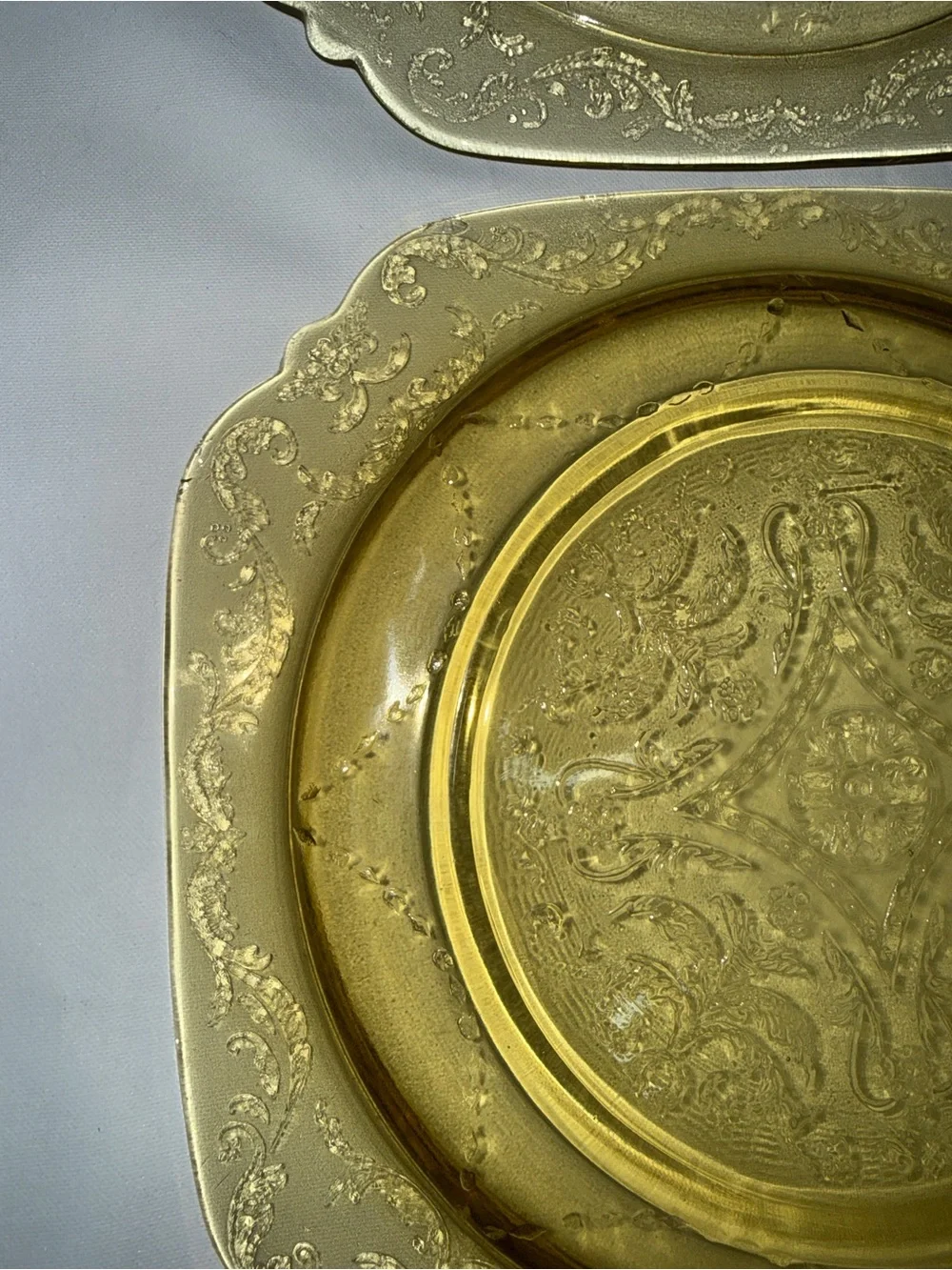 Vintage Amber Depression Glass Etched Square Luncheon Plates